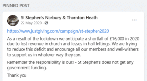 A Facebook post from St Stephen's Norbury & Thornton Heath, sharing their Just Giving page