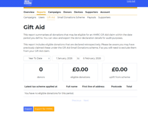 Screenshot showing Heading in the top bar labelled Reports with a secondary bar underneath labelled Gift Aid