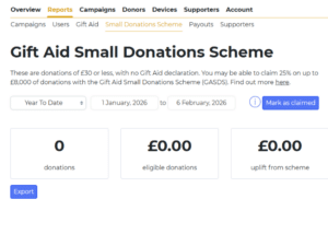 Screenshots showing Reports, then Small Donations Scheme on the second bar
