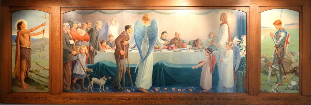 The Lady Chapel at St George's Waddon contains a painting by Cicely Mary Barker: a triptych. The larger centre panel is entitled 'The Great Banquet'