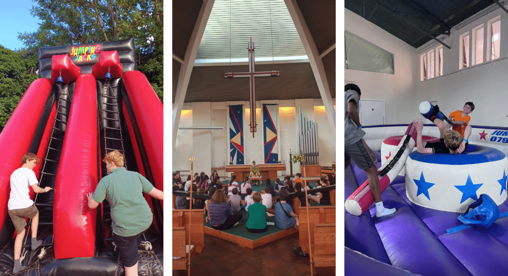 Images of Youth Ministry including children playing on inflatables and taking part in church