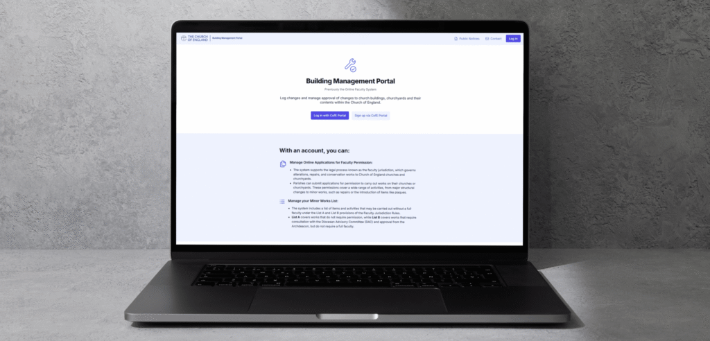 A laptop showing the Building Management Portal webpage on the Church of England website